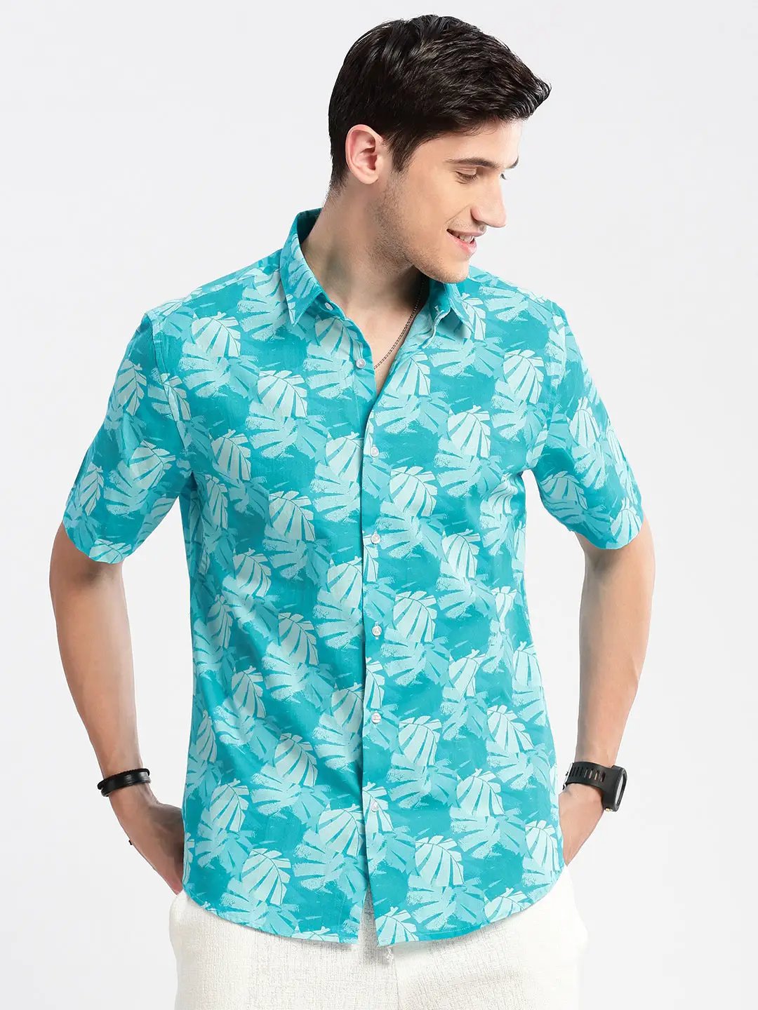 Men's Turquoise Blue Smart Slim Fit Tropical Printed Twill Weave Cotton Casual Shirt