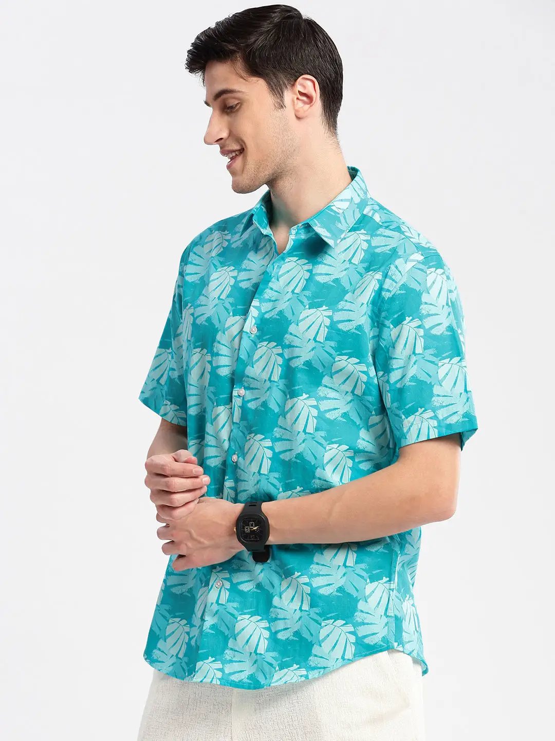 Men's Turquoise Blue Smart Slim Fit Tropical Printed Twill Weave Cotton Casual Shirt
