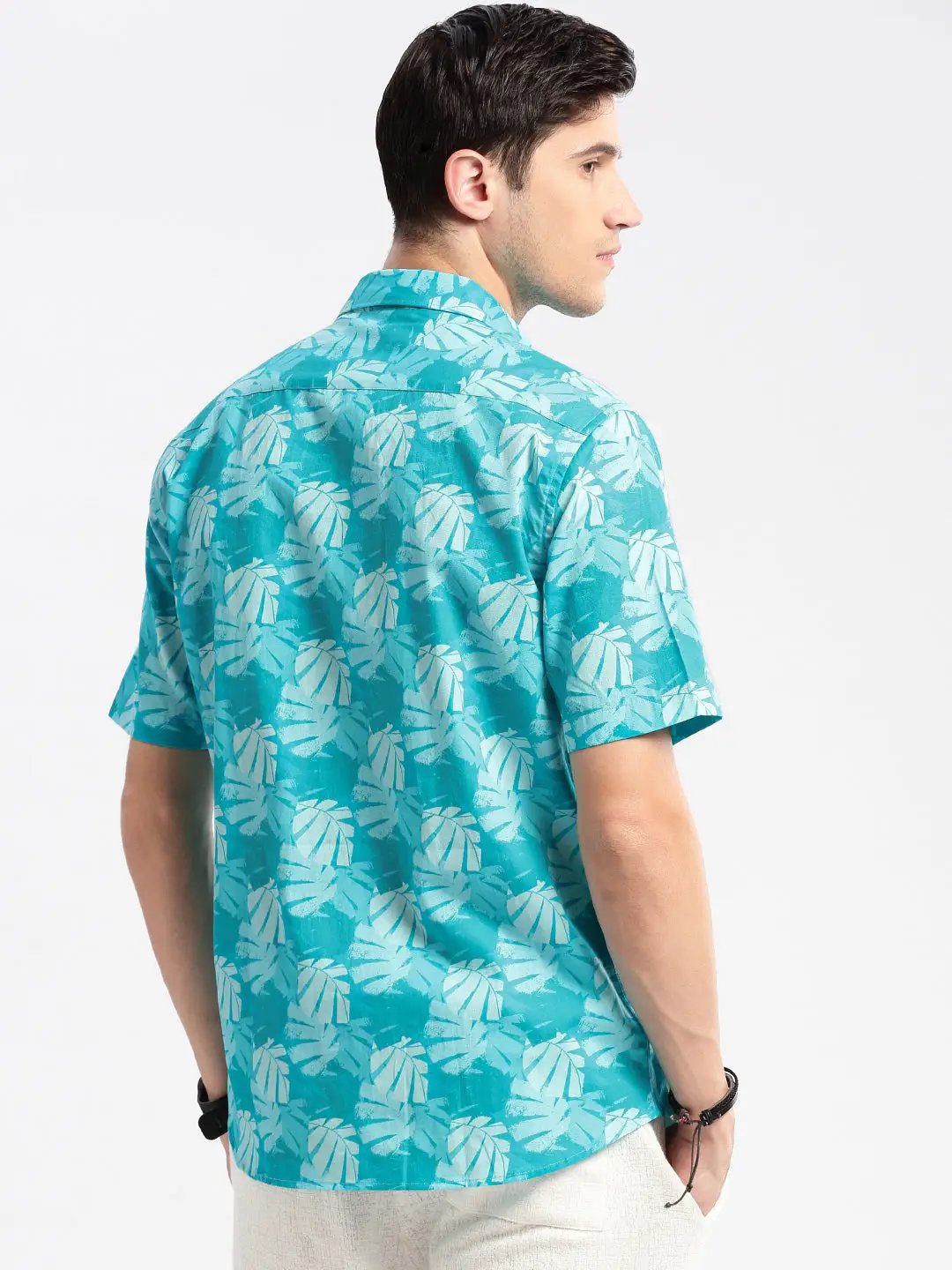 Men's Turquoise Blue Smart Slim Fit Tropical Printed Twill Weave Cotton Casual Shirt