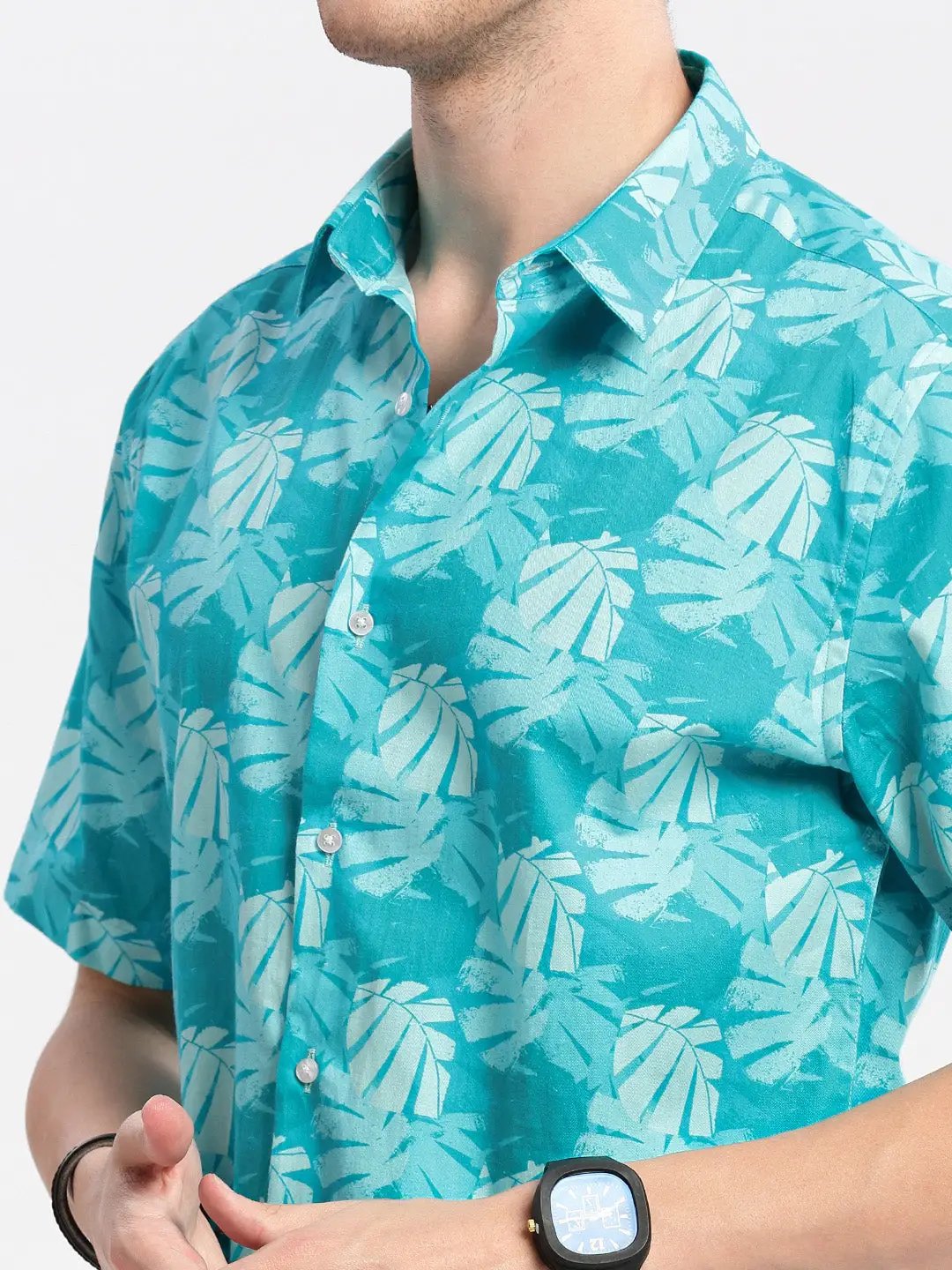 Men's Turquoise Blue Smart Slim Fit Tropical Printed Twill Weave Cotton Casual Shirt