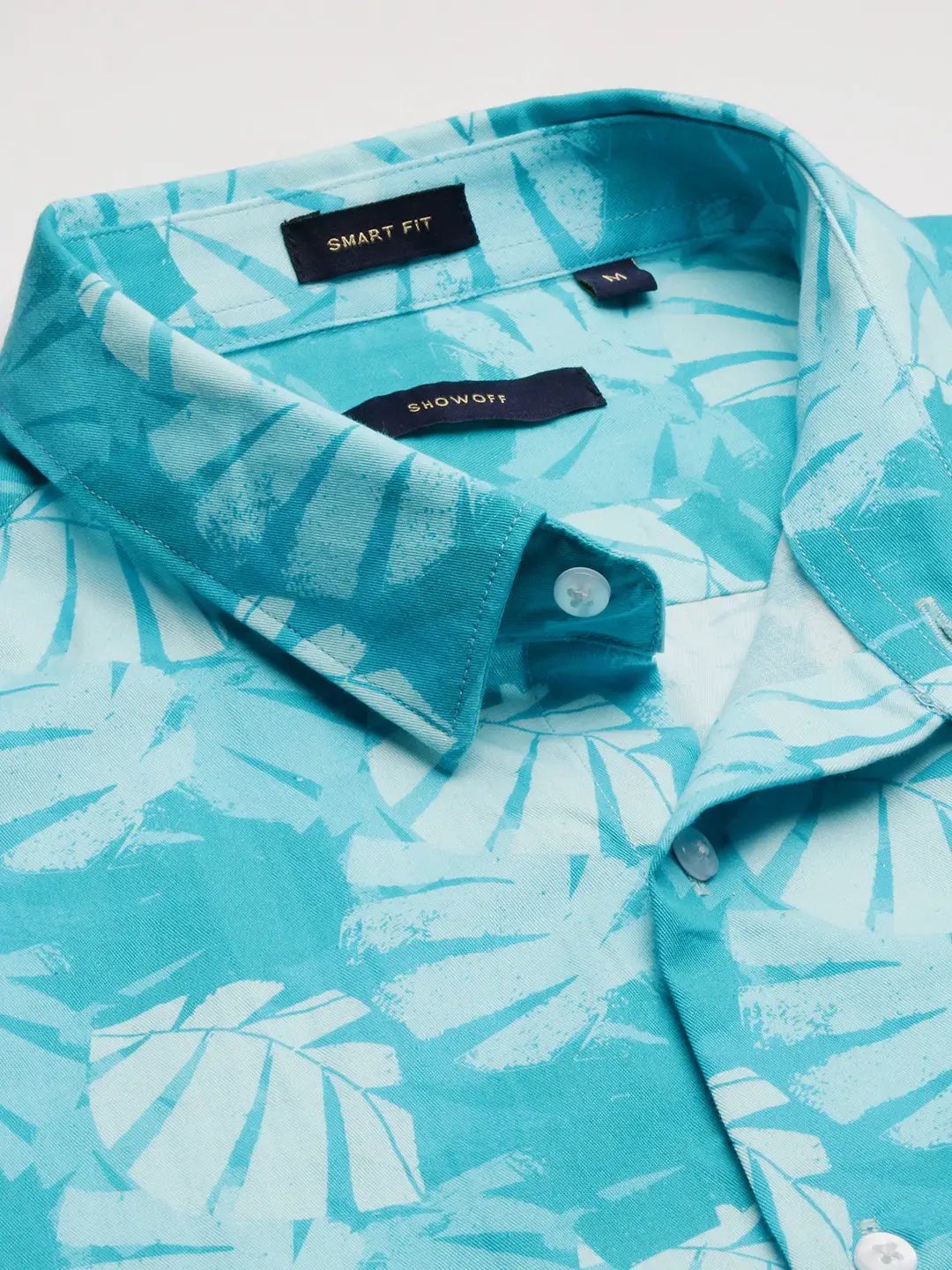 Men's Turquoise Blue Smart Slim Fit Tropical Printed Twill Weave Cotton Casual Shirt