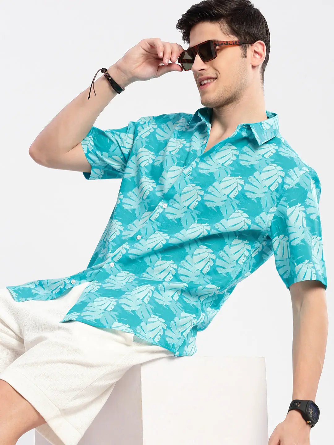 Men's Turquoise Blue Smart Slim Fit Tropical Printed Twill Weave Cotton Casual Shirt