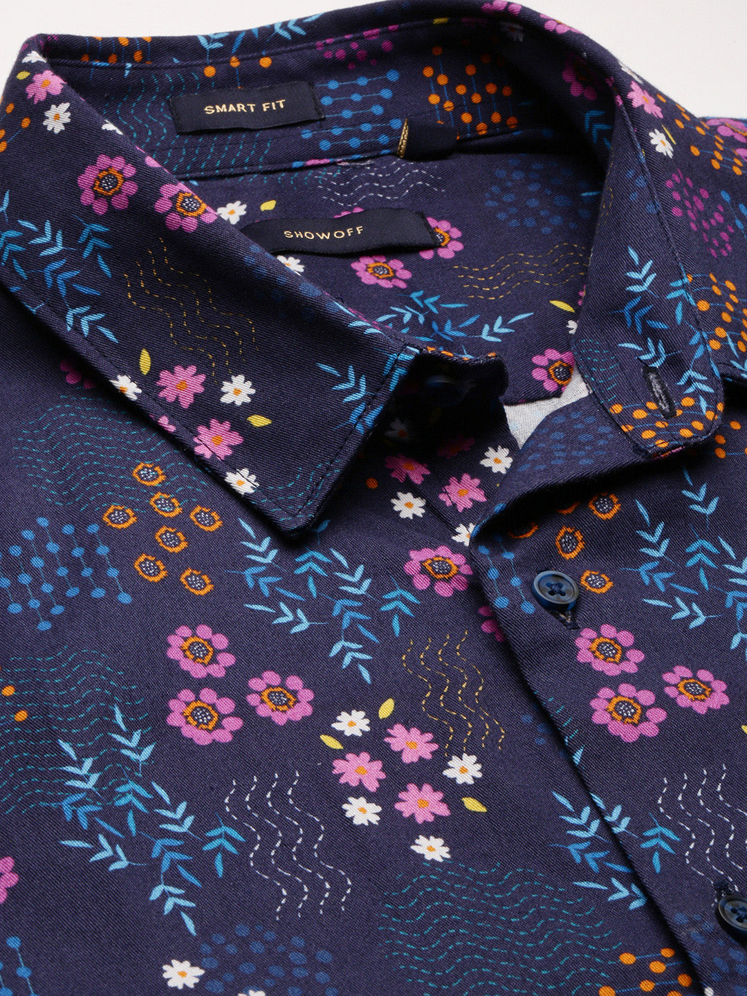 Men's Navy Blue Smart Slim Fit Floral Printed Twill Weave Cotton Casual Shirt