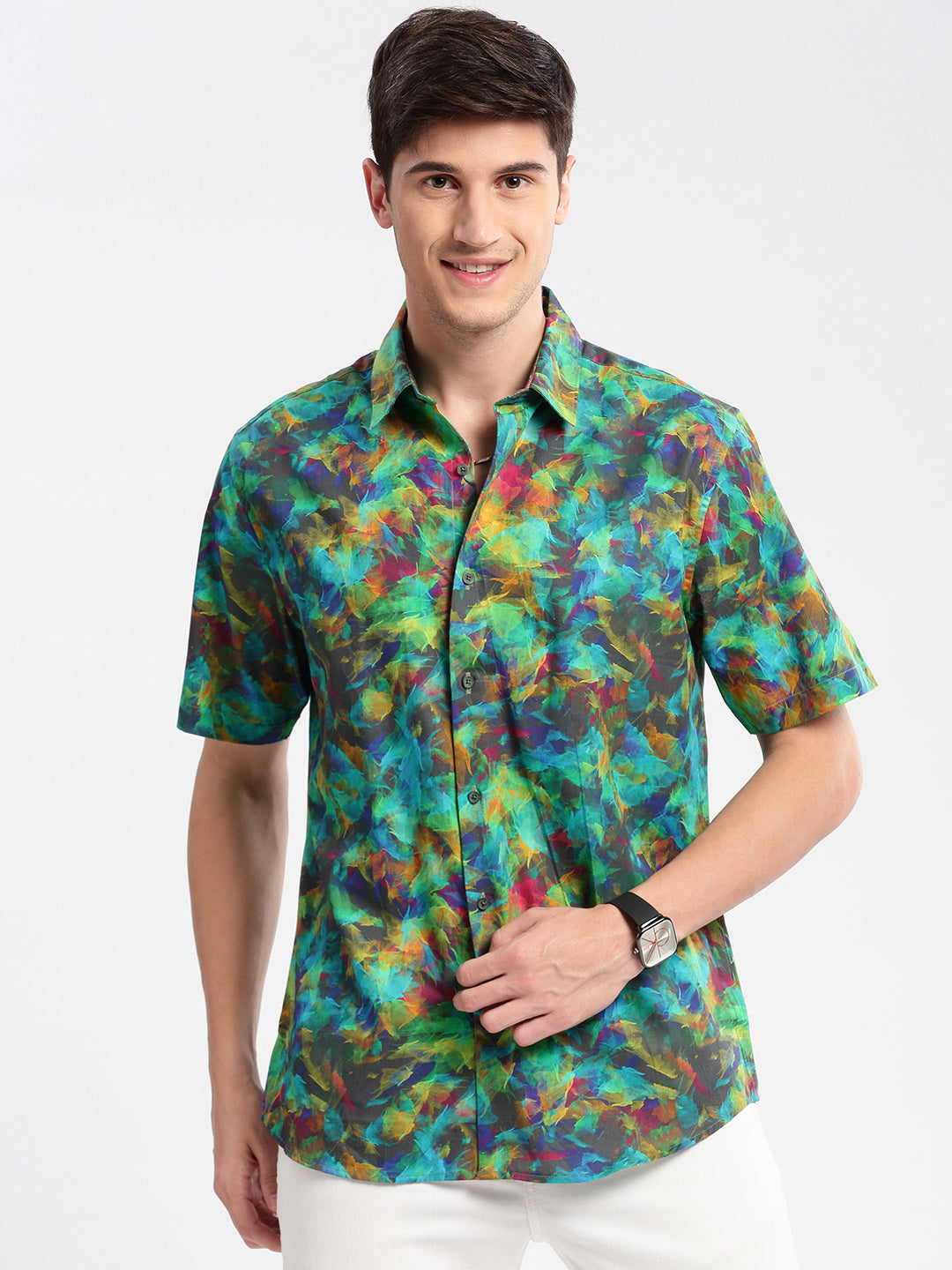 Men's Green Smart Slim Fit Floral Printed Cotton Casual Shirt