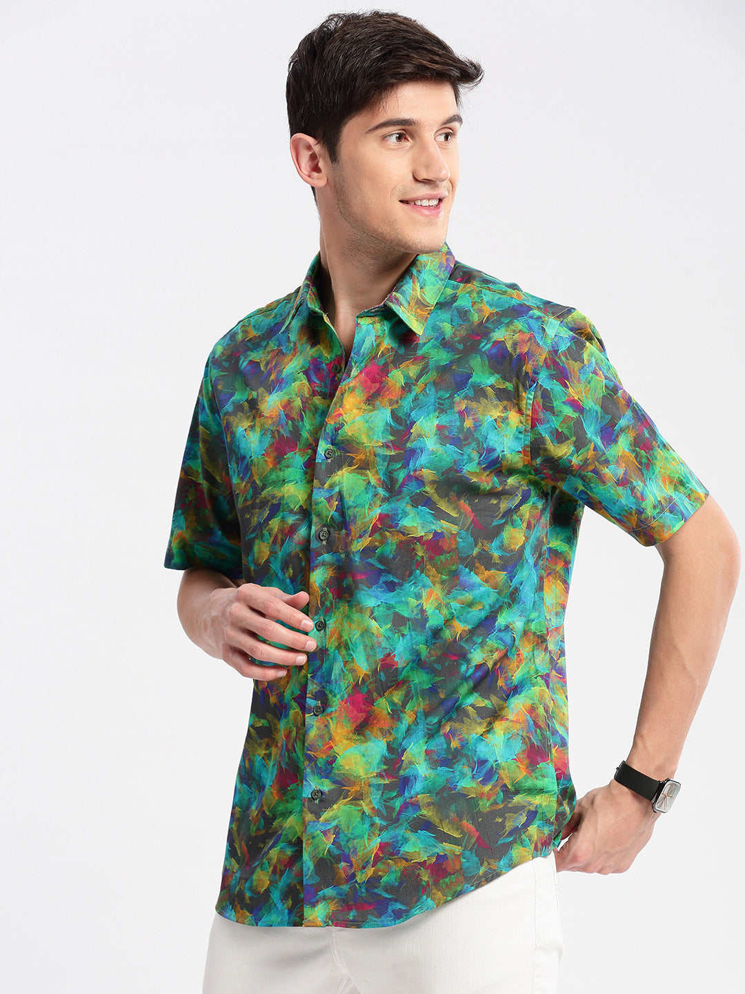 Men's Green Smart Slim Fit Floral Printed Cotton Casual Shirt