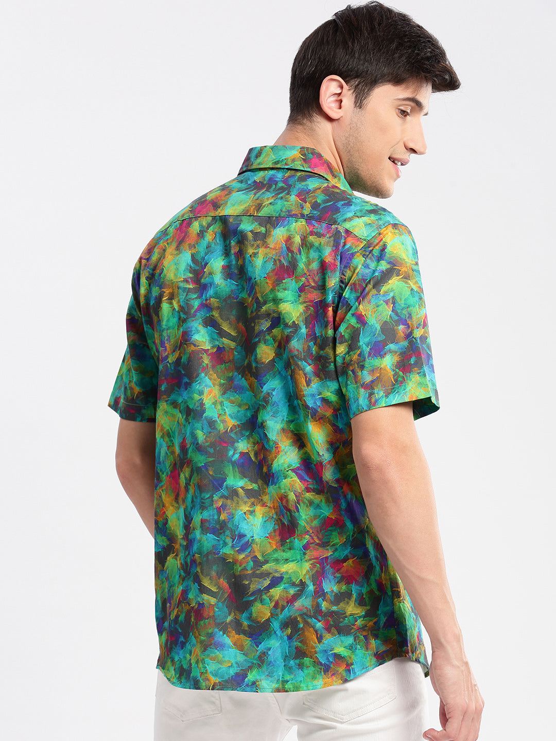 Men's Green Smart Slim Fit Floral Printed Cotton Casual Shirt