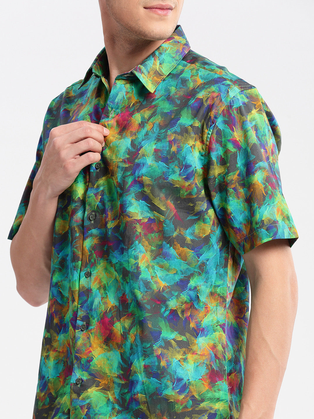 Men's Green Smart Slim Fit Floral Printed Cotton Casual Shirt