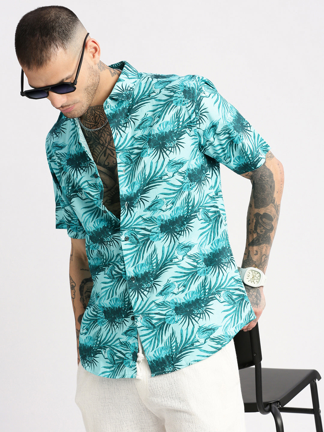 Men's Turquoise Blue Smart Slim Fit Tropical Printed Twill Weave Cotton Casual Shirt