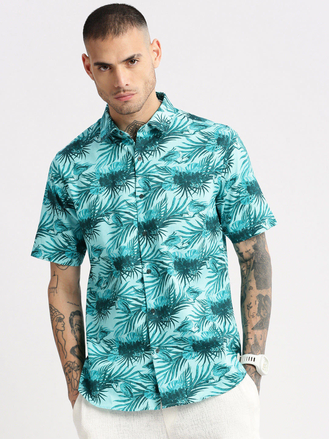Men's Turquoise Blue Smart Slim Fit Tropical Printed Twill Weave Cotton Casual Shirt