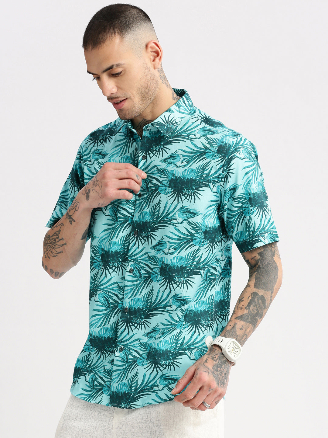 Men's Turquoise Blue Smart Slim Fit Tropical Printed Twill Weave Cotton Casual Shirt