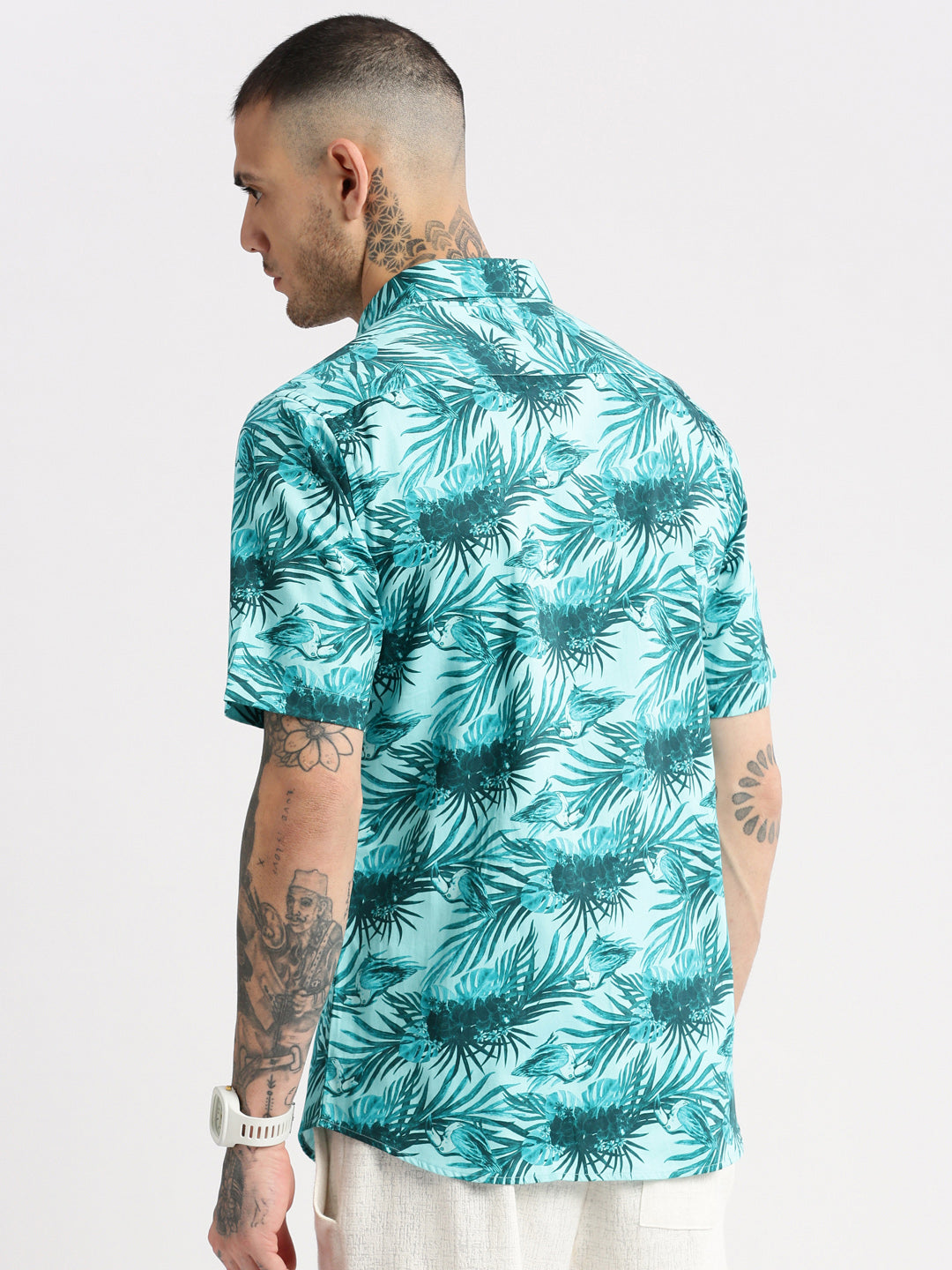 Men's Turquoise Blue Smart Slim Fit Tropical Printed Twill Weave Cotton Casual Shirt