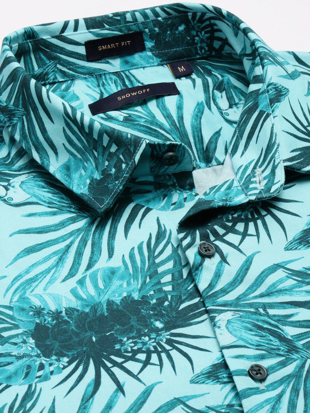 Men's Turquoise Blue Smart Slim Fit Tropical Printed Twill Weave Cotton Casual Shirt