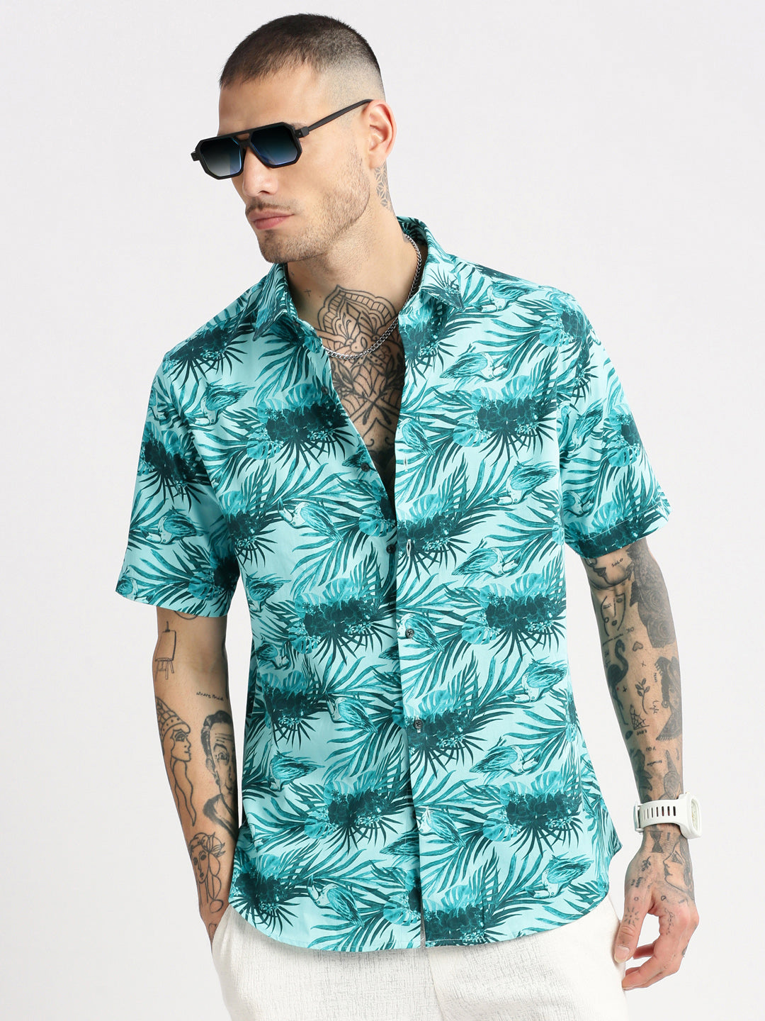 Men's Turquoise Blue Smart Slim Fit Tropical Printed Twill Weave Cotton Casual Shirt