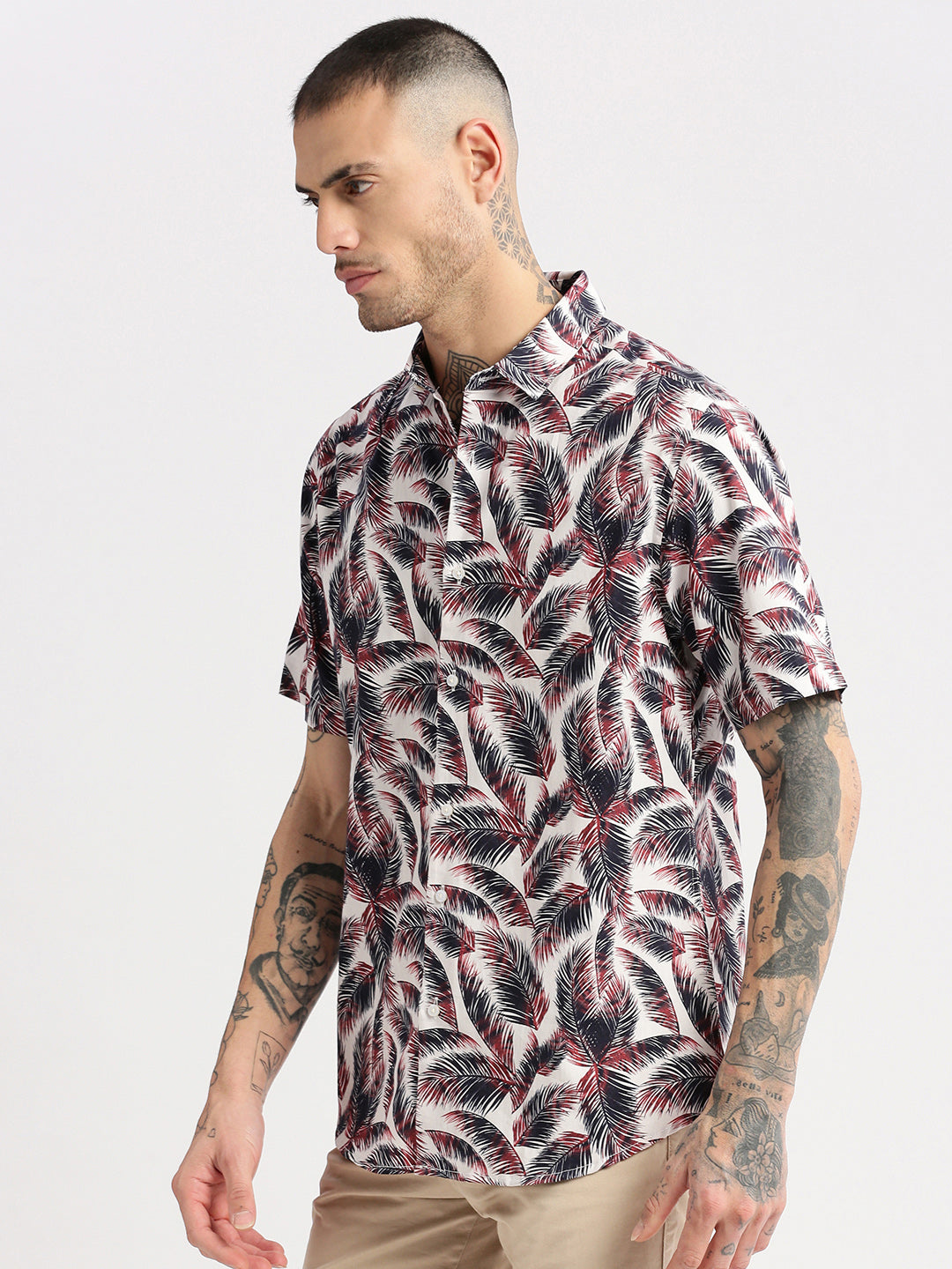 Men's Brown Standard Slim Fit Tropical Printed Cotton Casual Shirt