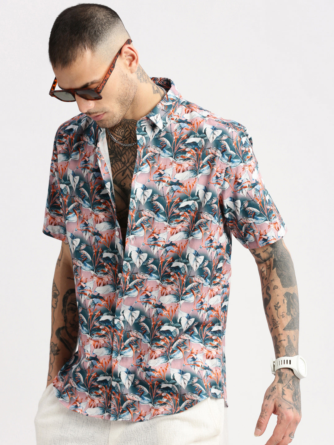 Men's Teal Smart Slim Fit Floral Printed Twill Weave Cotton Casual Shirt