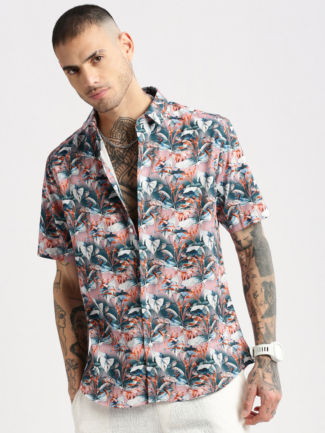 Men's Teal Smart Slim Fit Floral Printed Twill Weave Cotton Casual Shirt