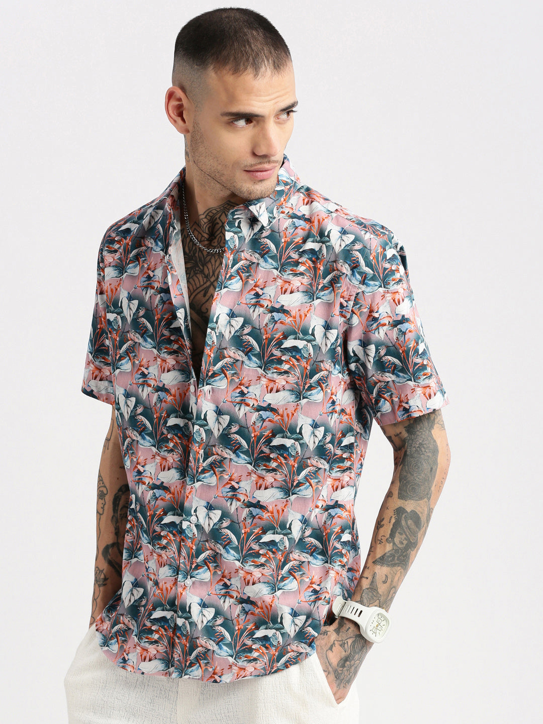 Men's Teal Smart Slim Fit Floral Printed Twill Weave Cotton Casual Shirt