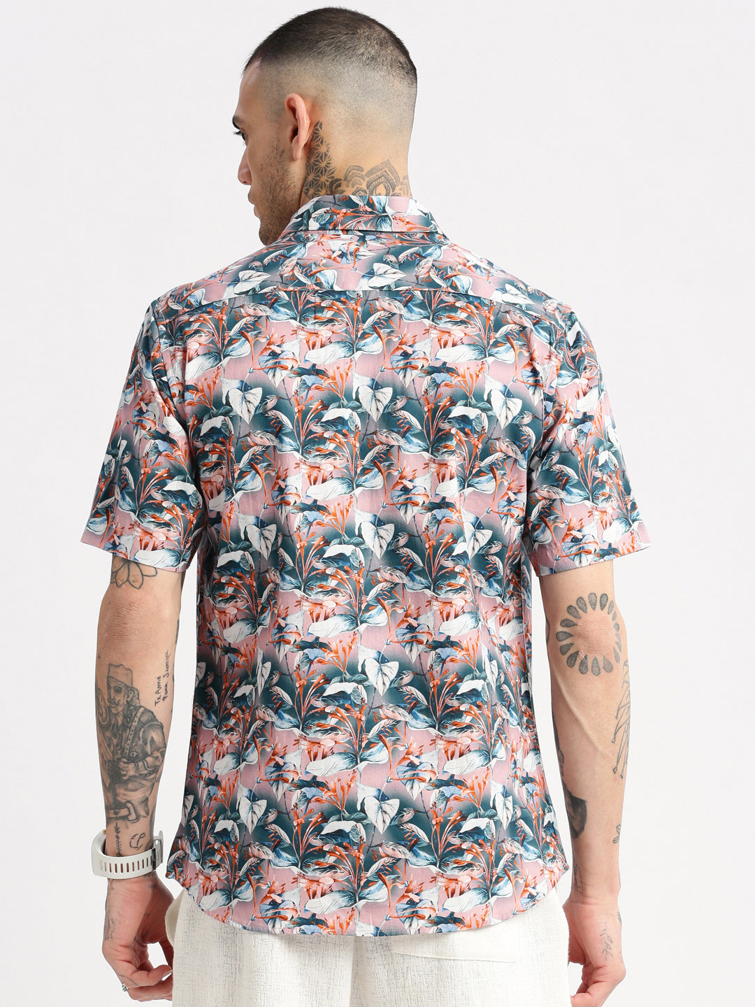 Men's Teal Smart Slim Fit Floral Printed Twill Weave Cotton Casual Shirt