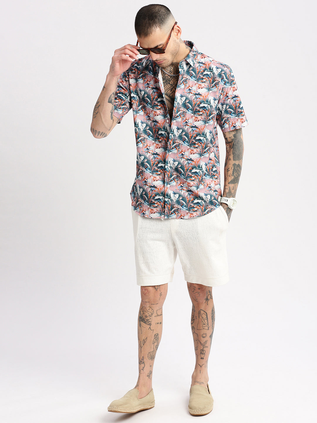 Men's Teal Smart Slim Fit Floral Printed Twill Weave Cotton Casual Shirt