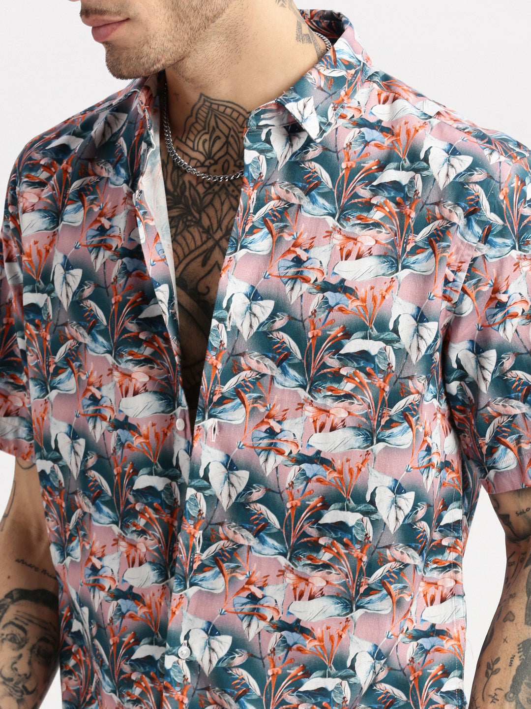 Men's Teal Smart Slim Fit Floral Printed Twill Weave Cotton Casual Shirt