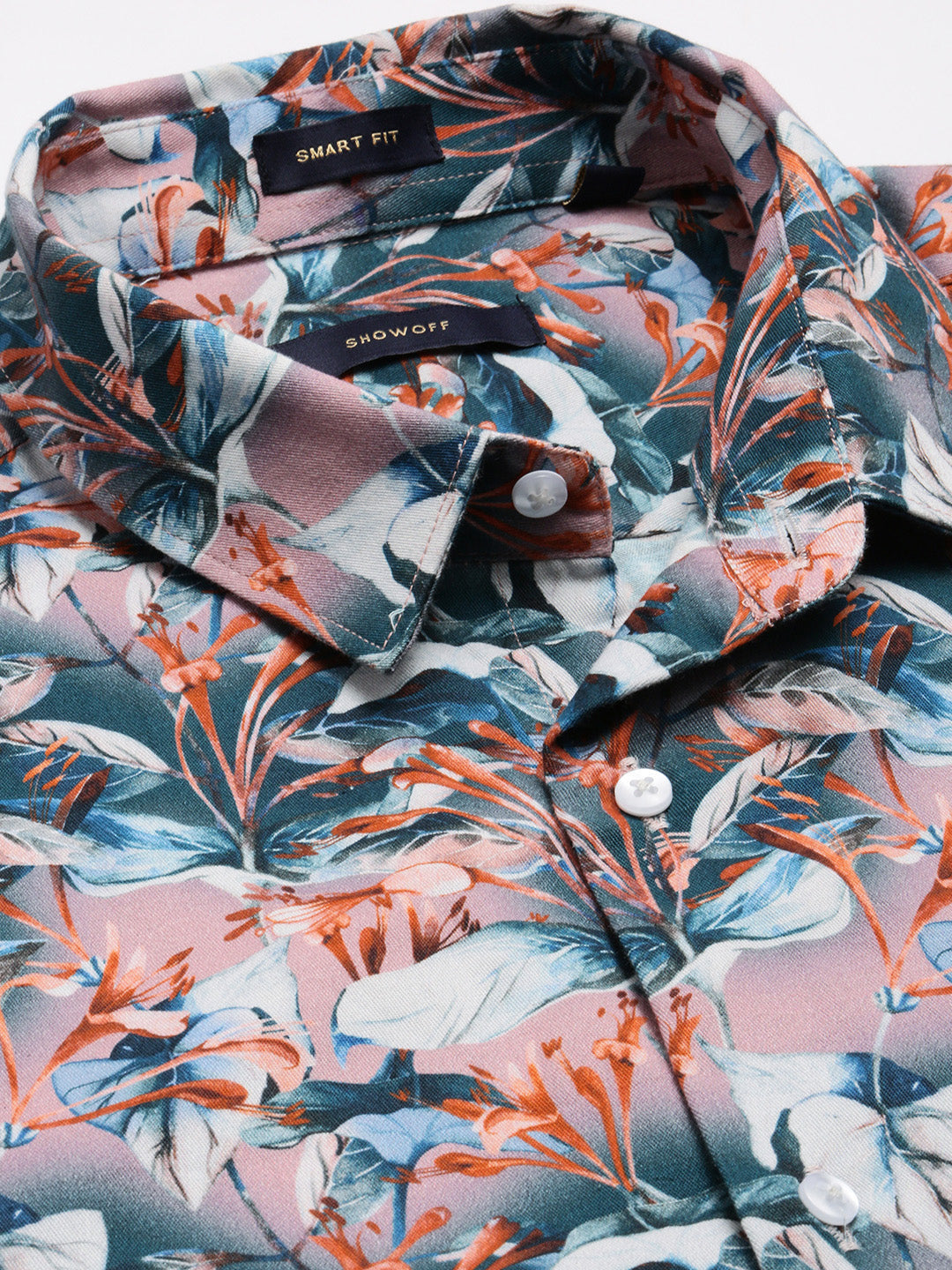 Men's Teal Smart Slim Fit Floral Printed Twill Weave Cotton Casual Shirt