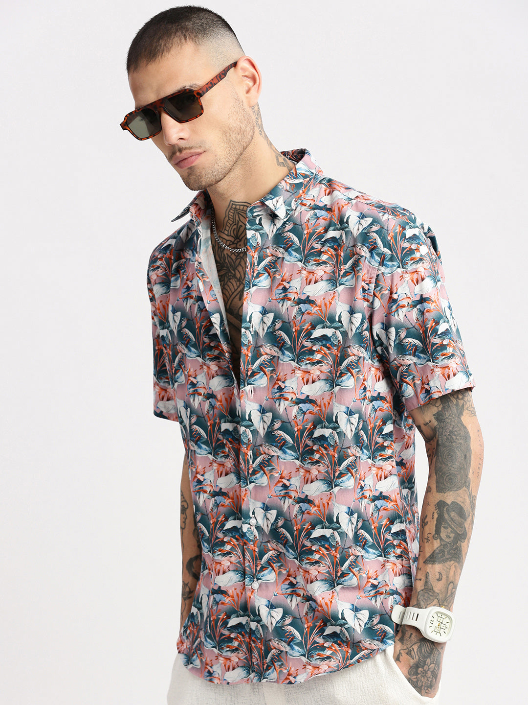 Men's Teal Smart Slim Fit Floral Printed Twill Weave Cotton Casual Shirt