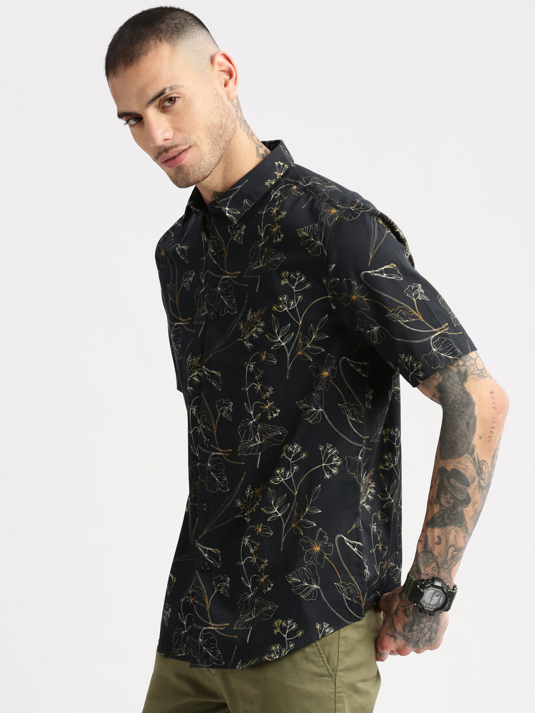 Men's Black Smart Slim Fit Floral Printed Twill Weave Cotton Casual Shirt