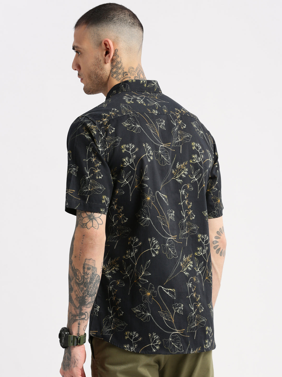 Men's Black Smart Slim Fit Floral Printed Twill Weave Cotton Casual Shirt