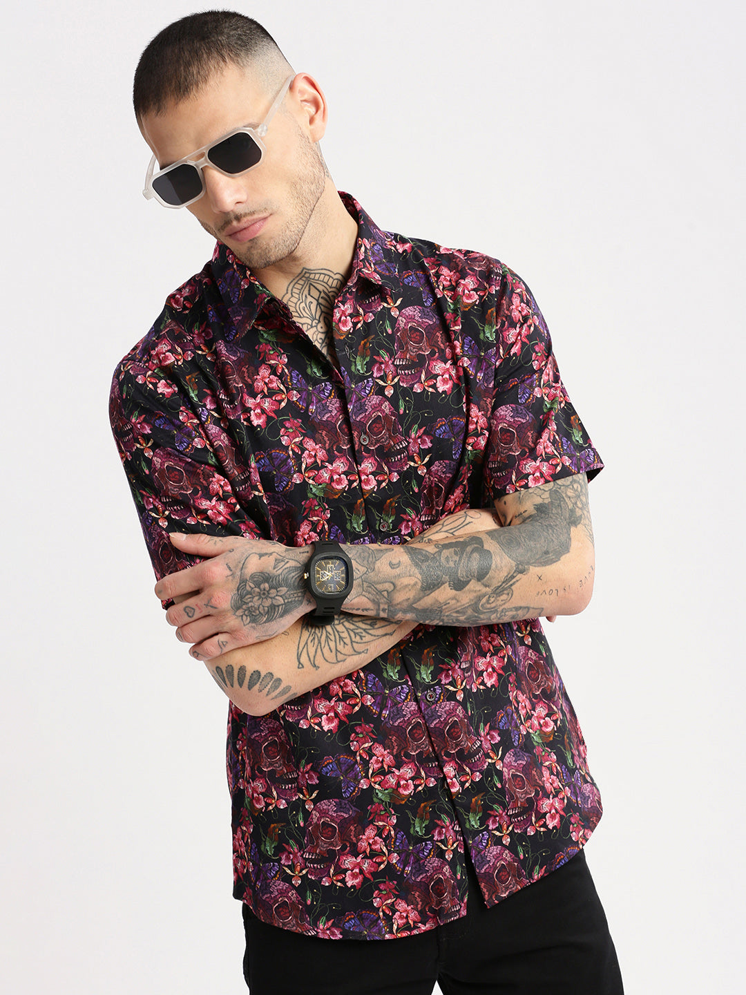 Men's Pink Smart Slim Fit Floral Printed Cotton Casual Shirt