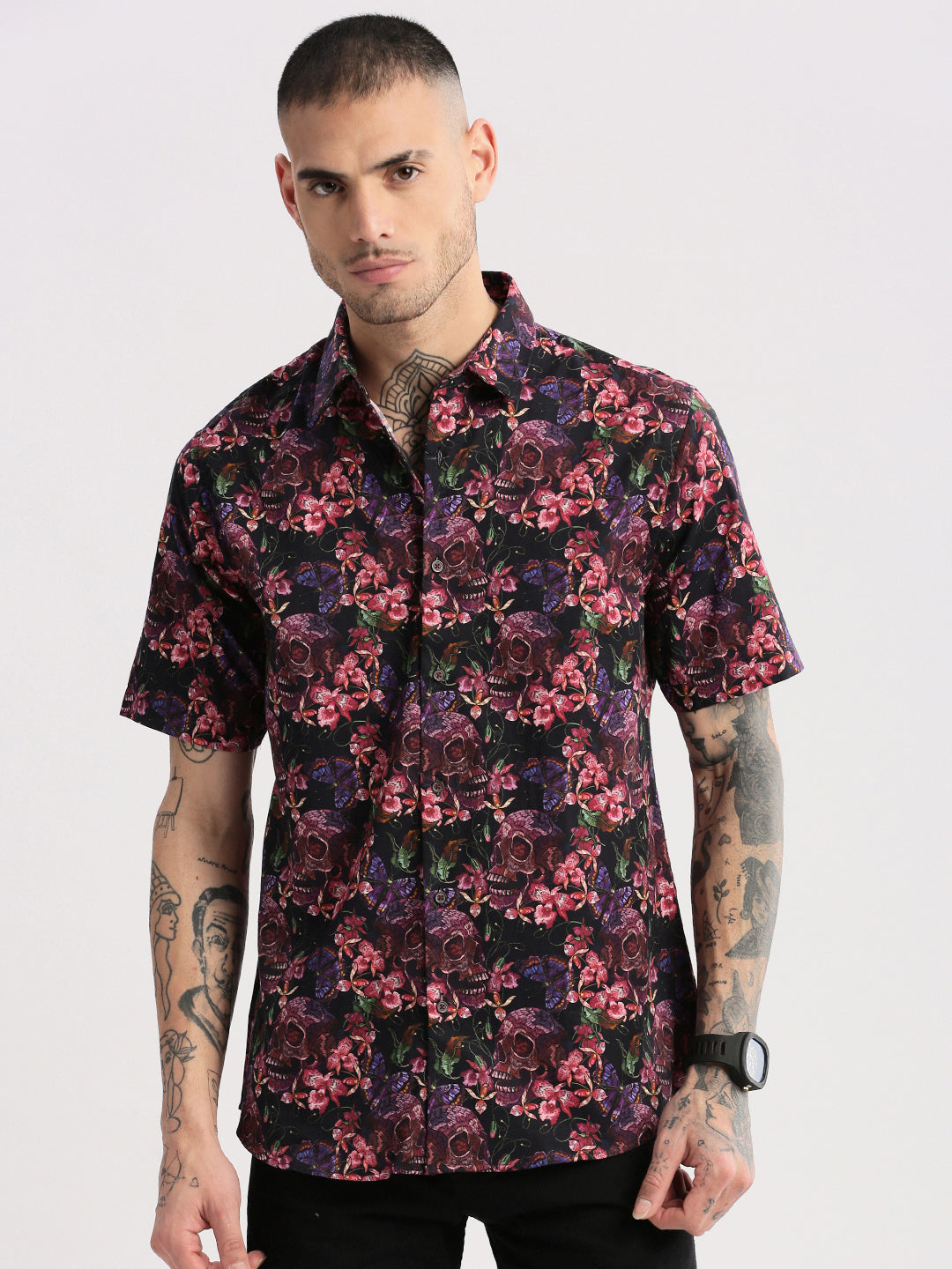 Men's Pink Smart Slim Fit Floral Printed Cotton Casual Shirt