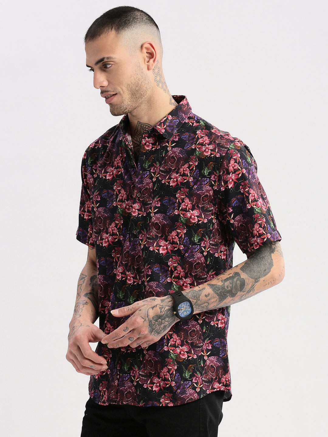 Men's Pink Smart Slim Fit Floral Printed Cotton Casual Shirt