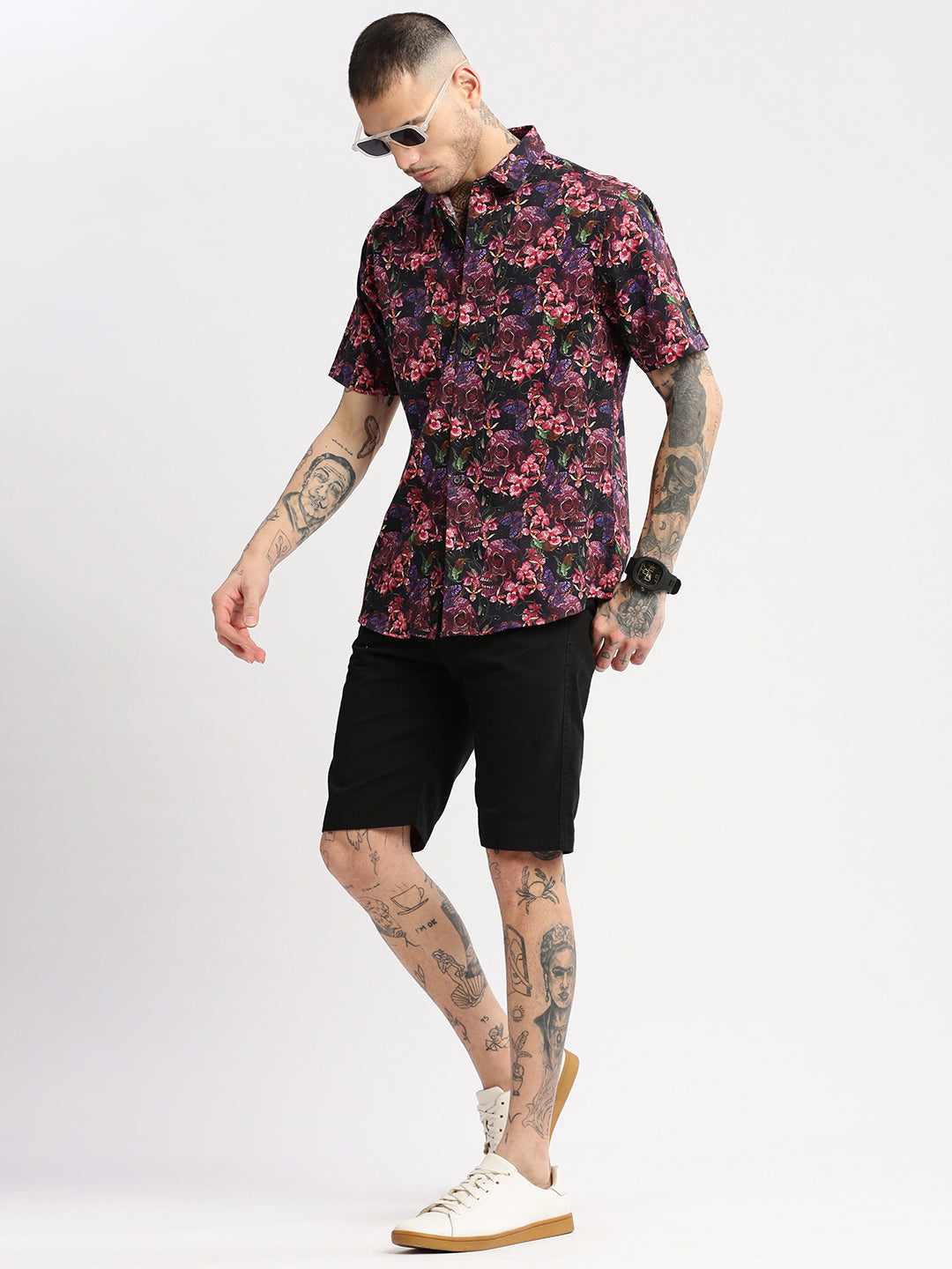 Men's Pink Smart Slim Fit Floral Printed Cotton Casual Shirt