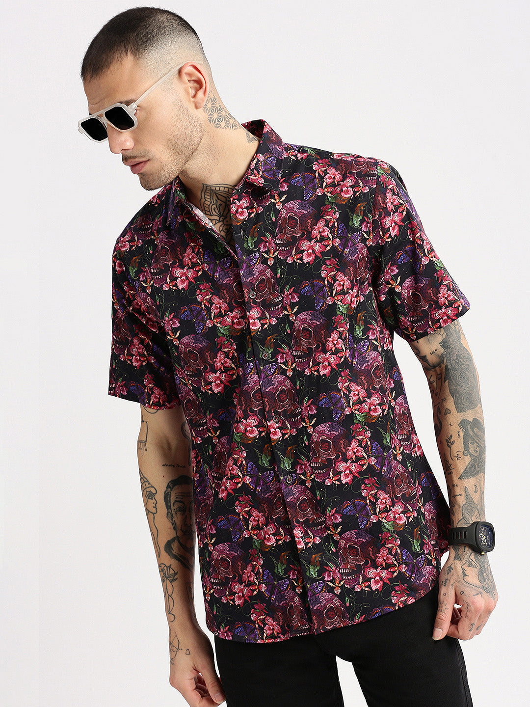 Men's Pink Smart Slim Fit Floral Printed Cotton Casual Shirt