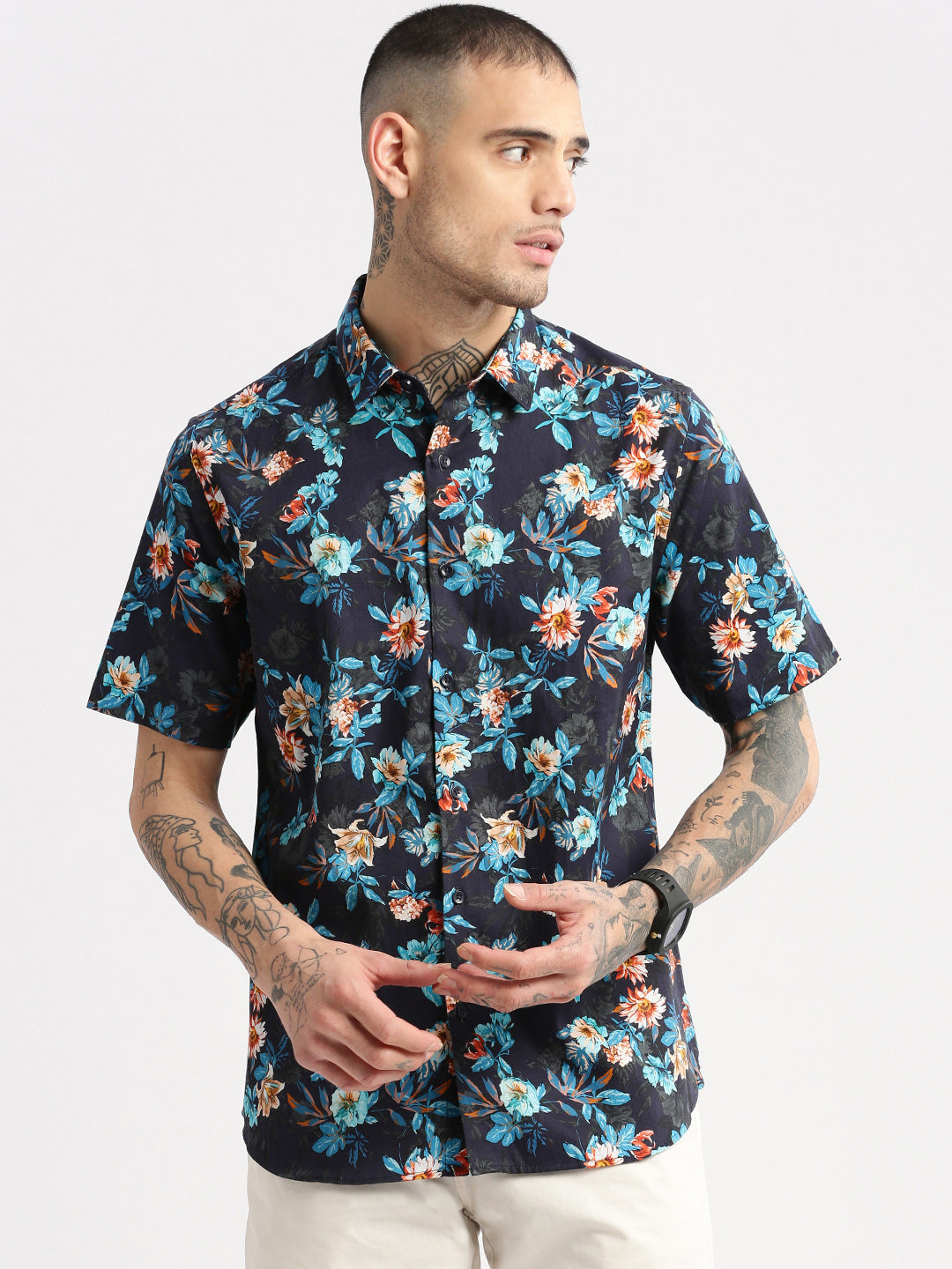 Men's Navy Blue Smart Slim Fit Floral Printed Twill Weave Cotton Casual Shirt