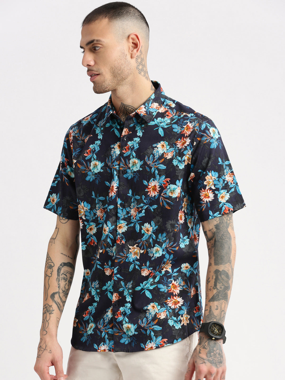 Men's Navy Blue Smart Slim Fit Floral Printed Twill Weave Cotton Casual Shirt