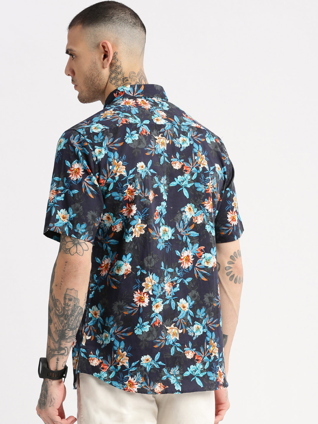 Men's Navy Blue Smart Slim Fit Floral Printed Twill Weave Cotton Casual Shirt