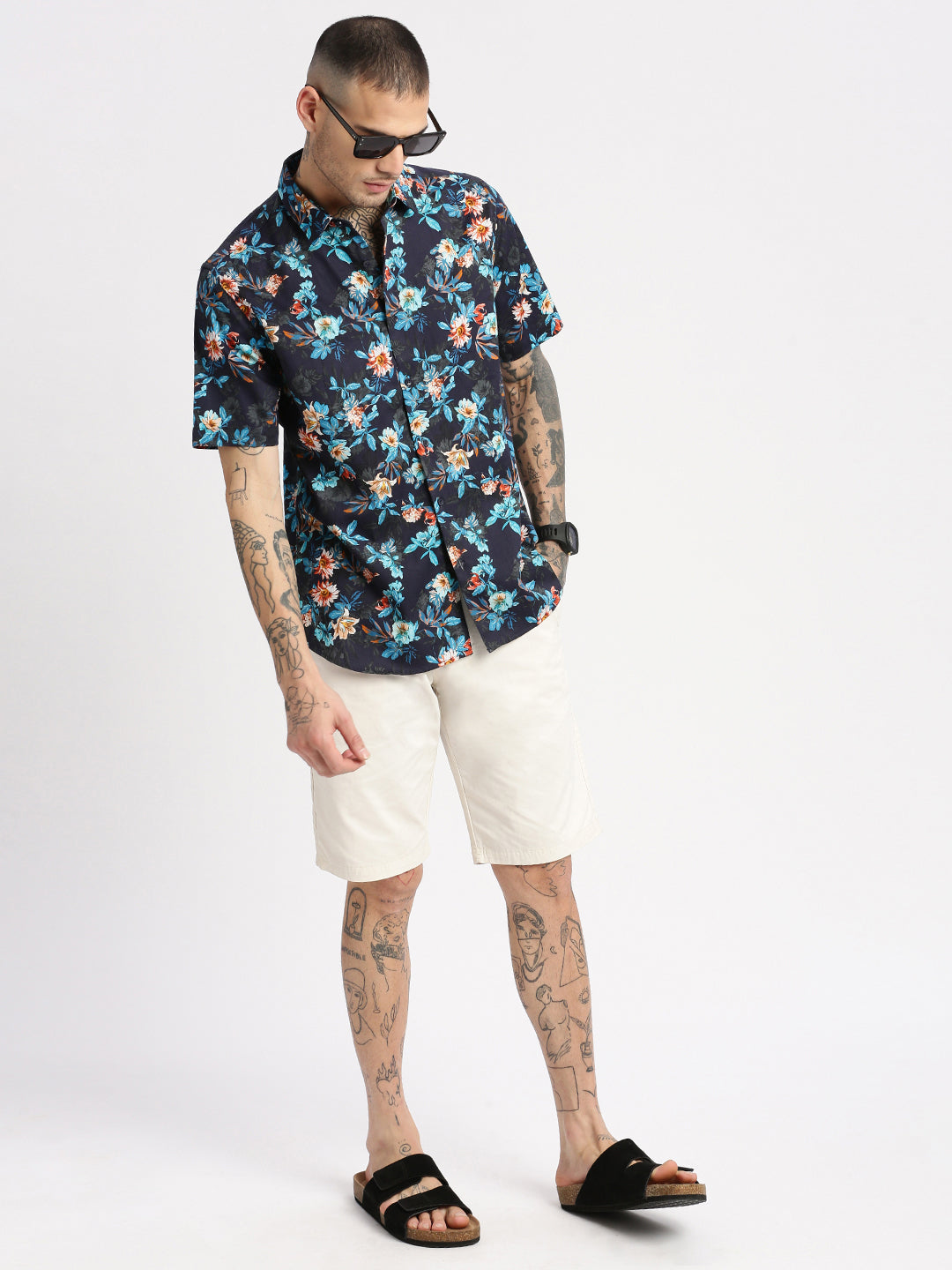 Men's Navy Blue Smart Slim Fit Floral Printed Twill Weave Cotton Casual Shirt