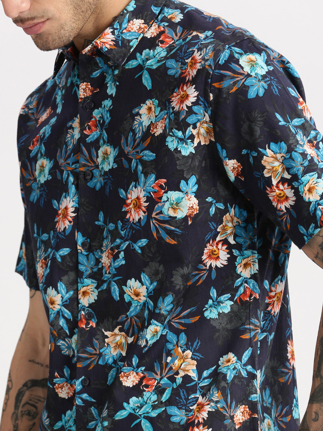 Men's Navy Blue Smart Slim Fit Floral Printed Twill Weave Cotton Casual Shirt