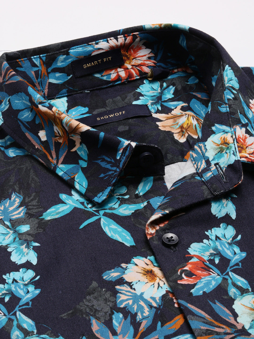 Men's Navy Blue Smart Slim Fit Floral Printed Twill Weave Cotton Casual Shirt