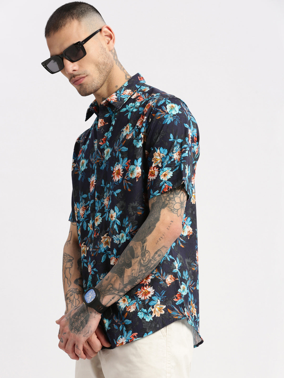 Men's Navy Blue Smart Slim Fit Floral Printed Twill Weave Cotton Casual Shirt