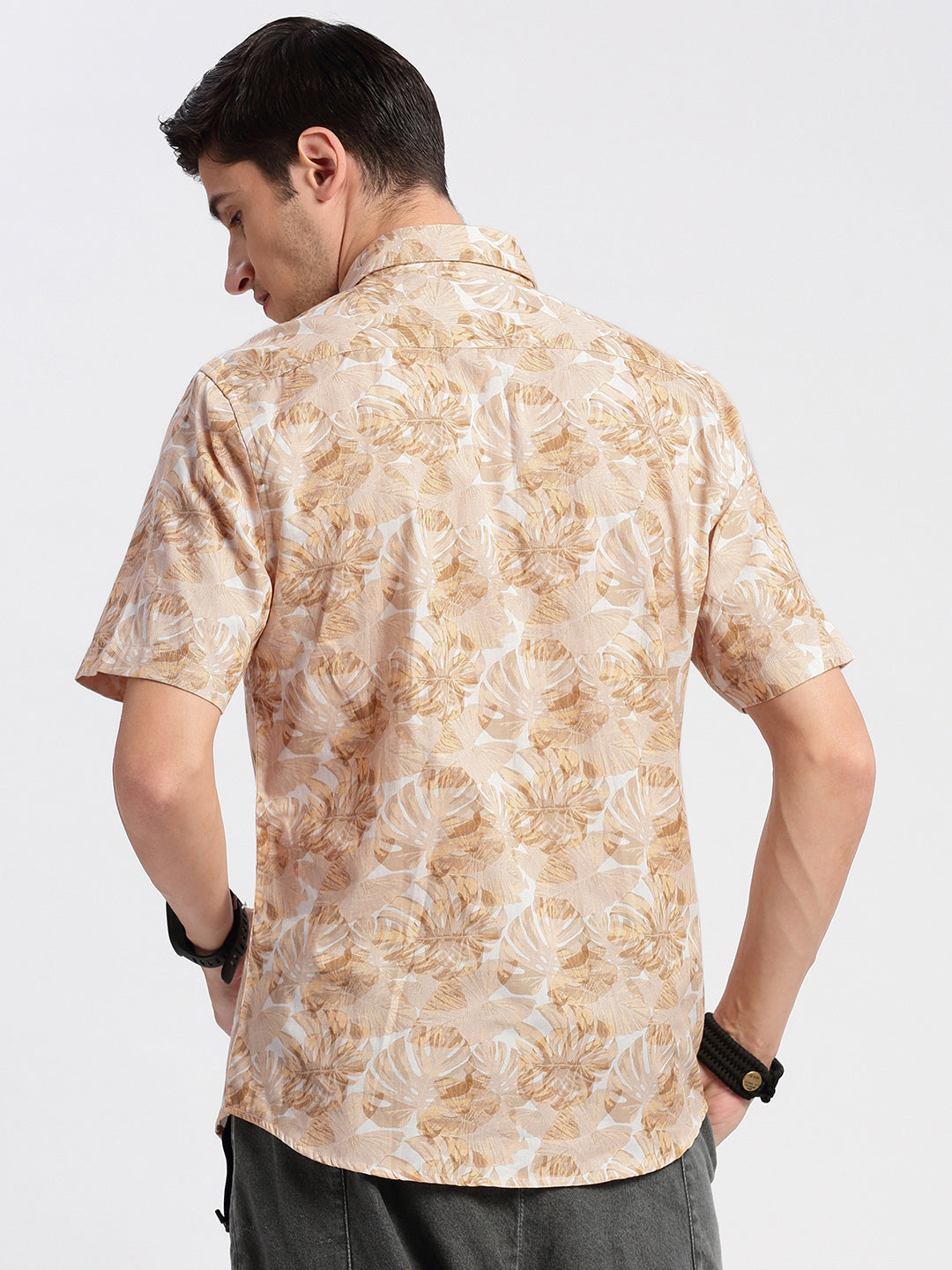 Men's Cream Smart Slim Fit Floral Printed Cotton Casual Shirt