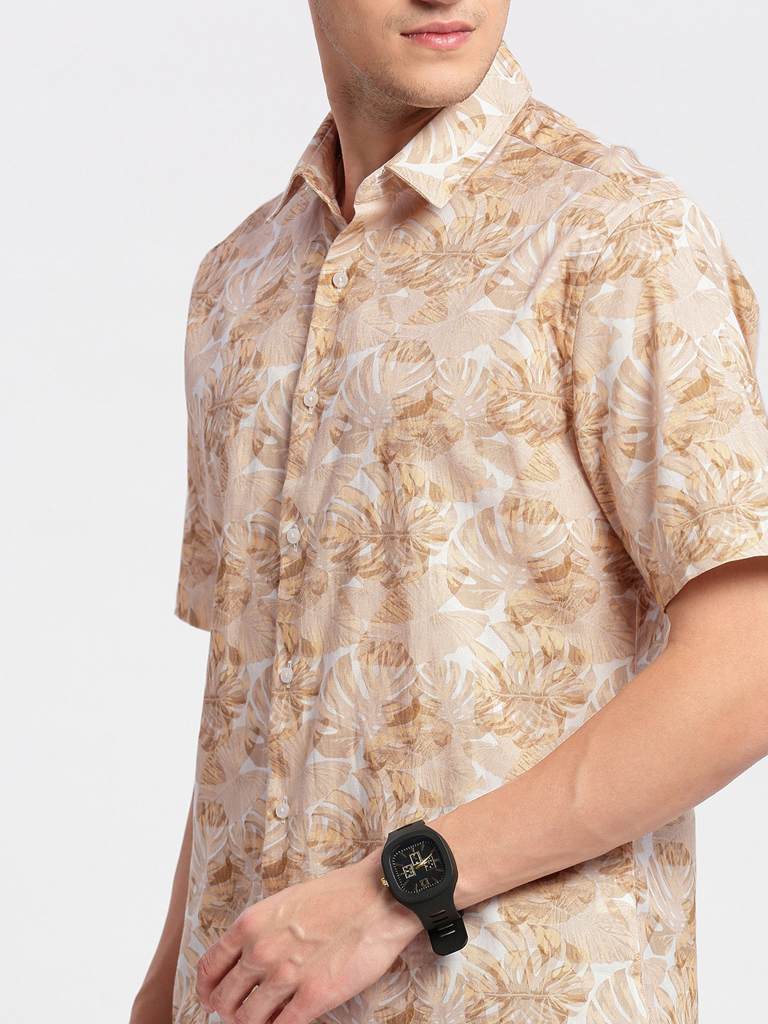 Men's Cream Smart Slim Fit Floral Printed Cotton Casual Shirt