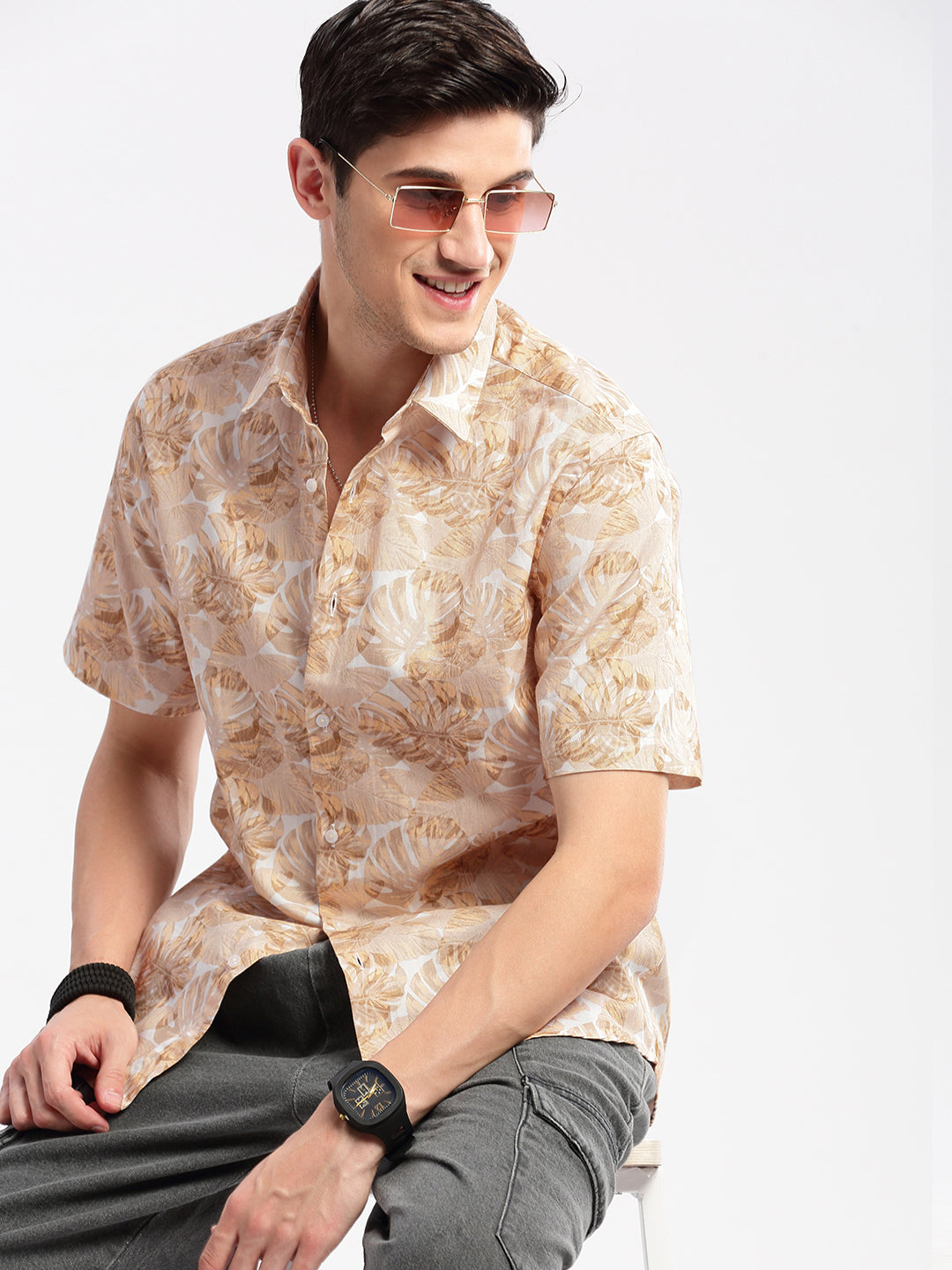 Men's Cream Smart Slim Fit Floral Printed Cotton Casual Shirt