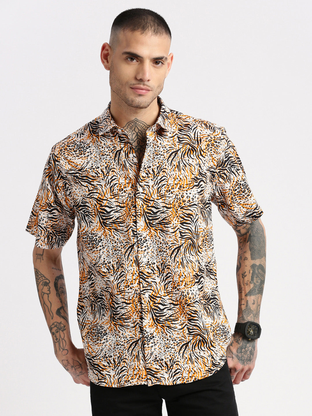 Men's Orange Smart Slim Fit Floral Printed Cotton Shirt