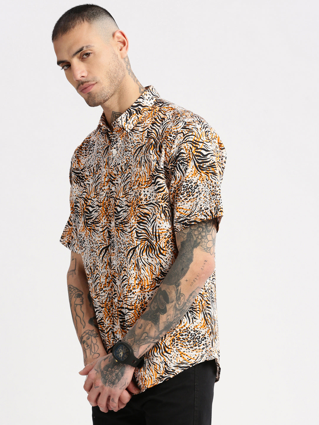 Men's Orange Smart Slim Fit Floral Printed Cotton Shirt