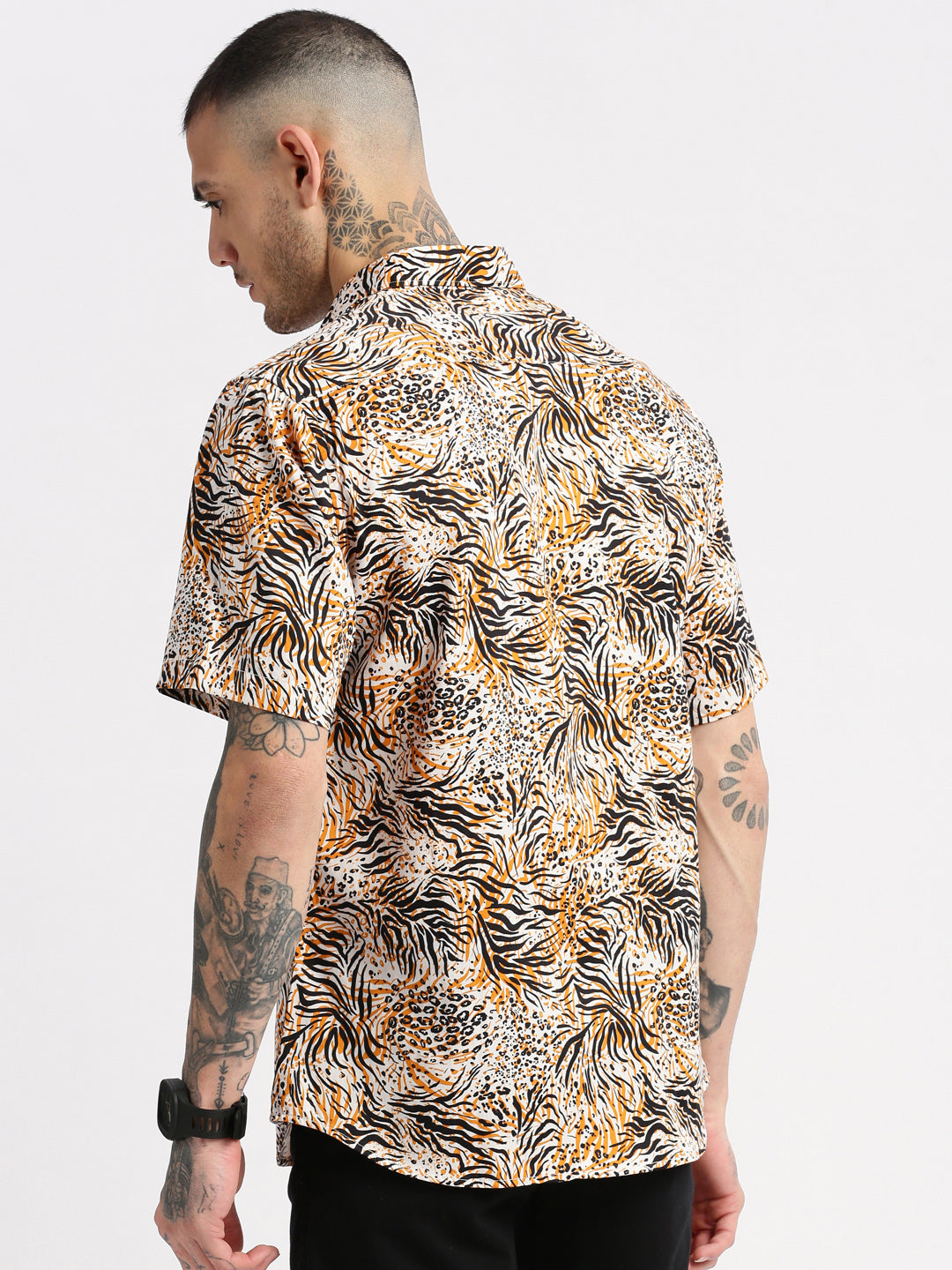 Men's Orange Smart Slim Fit Floral Printed Cotton Shirt