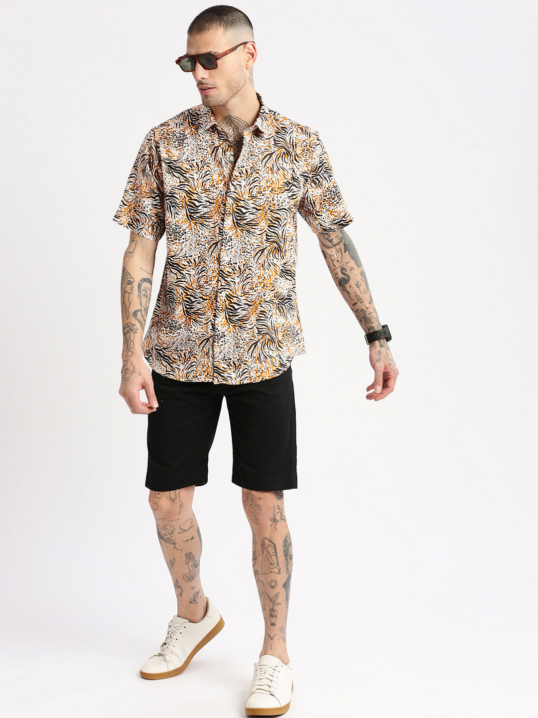 Men's Orange Smart Slim Fit Floral Printed Cotton Shirt
