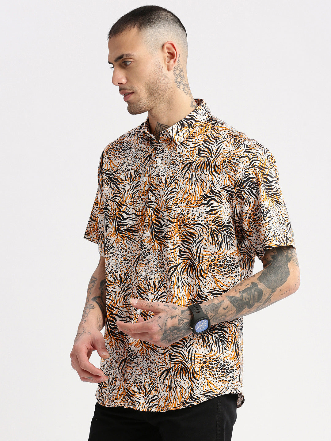 Men's Orange Smart Slim Fit Floral Printed Cotton Shirt