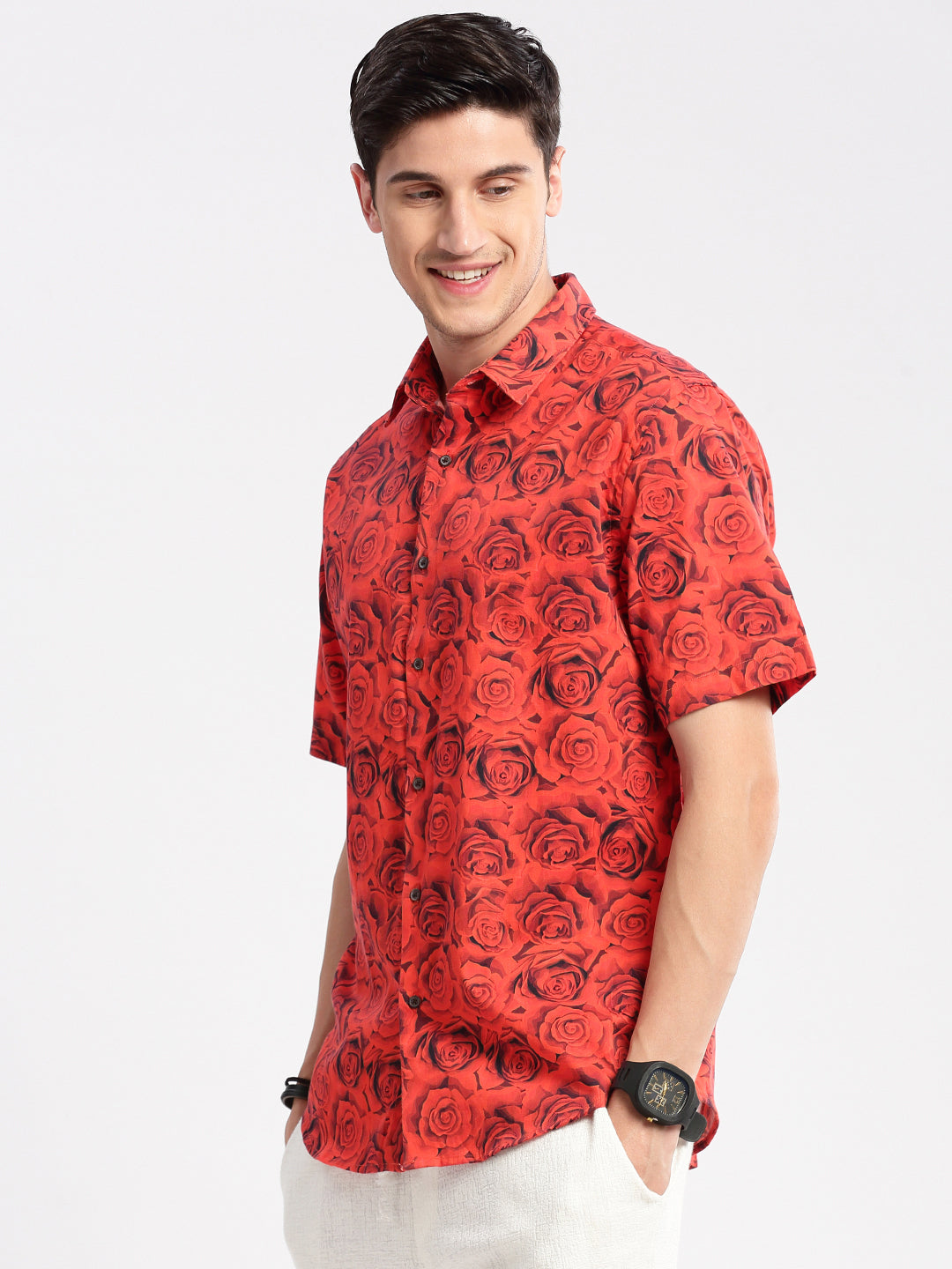 Men Spread Collar Floral Red Casual Shirt