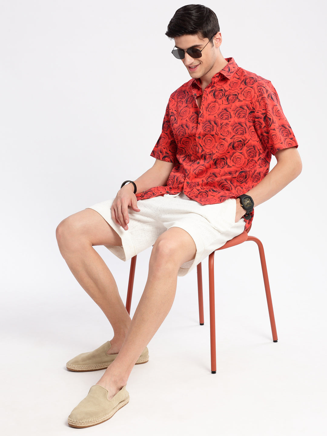 Men Spread Collar Floral Red Casual Shirt